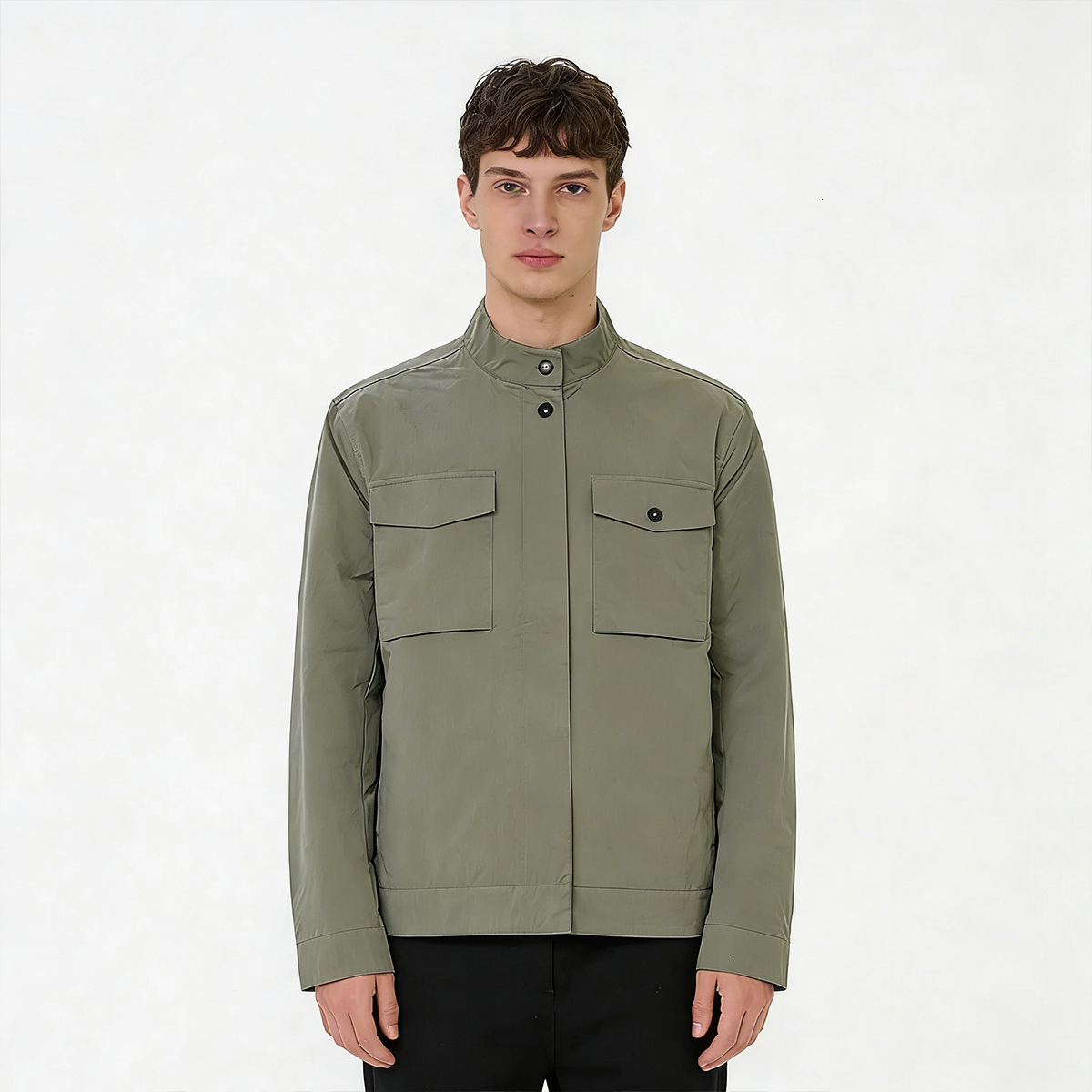 Veste homme en tissu coton-nylon brossé grandes poches plaquées boutons magnétiques lavés aux enzymes. 8f