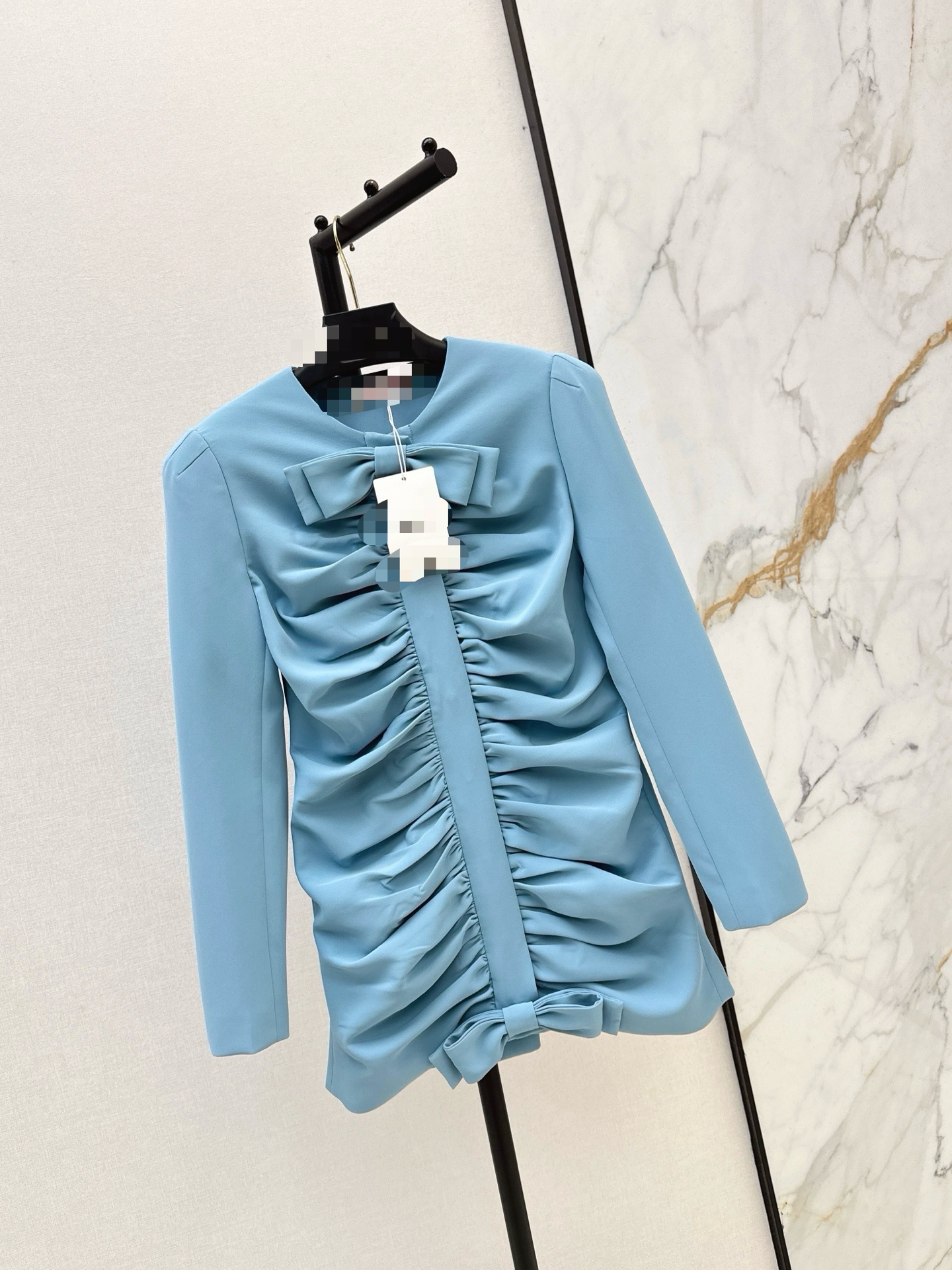 2026 Autumn Blue Women Dress Milan Runway O Collar Long Sleeves Bow Pleats Dresses For Womens 81002