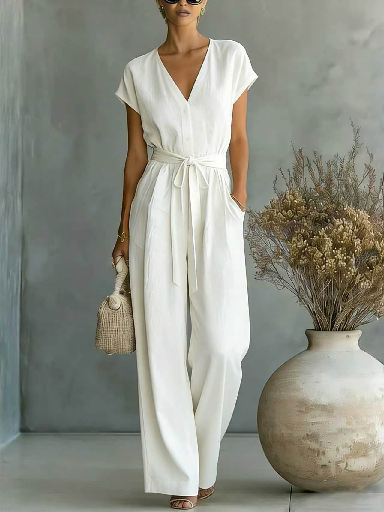 Ensemble d'été chic AAAA X14 : ensemble pantalon décontracté avec ceintures pour femme