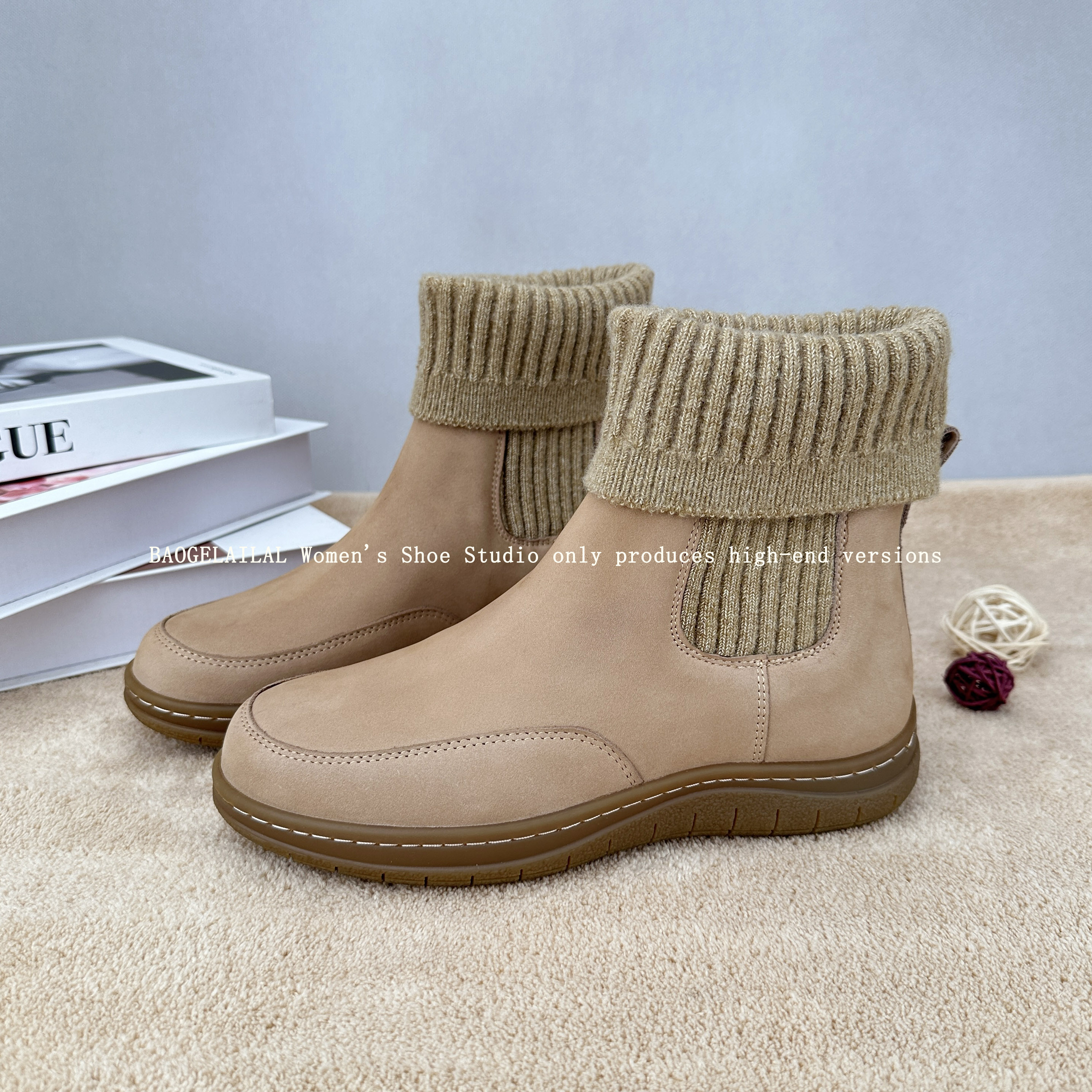 One foot elastic knitted flip over short tube genuine leather Chelsea boots with fleece insulation winter women's boots casual outdoor non slip
