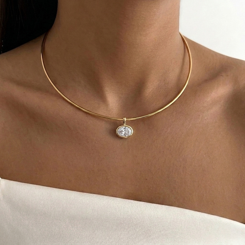 18K light luxury stainless steel choker with water drop marquise and geometric zircon pendants trendy and versatile necklace 260605