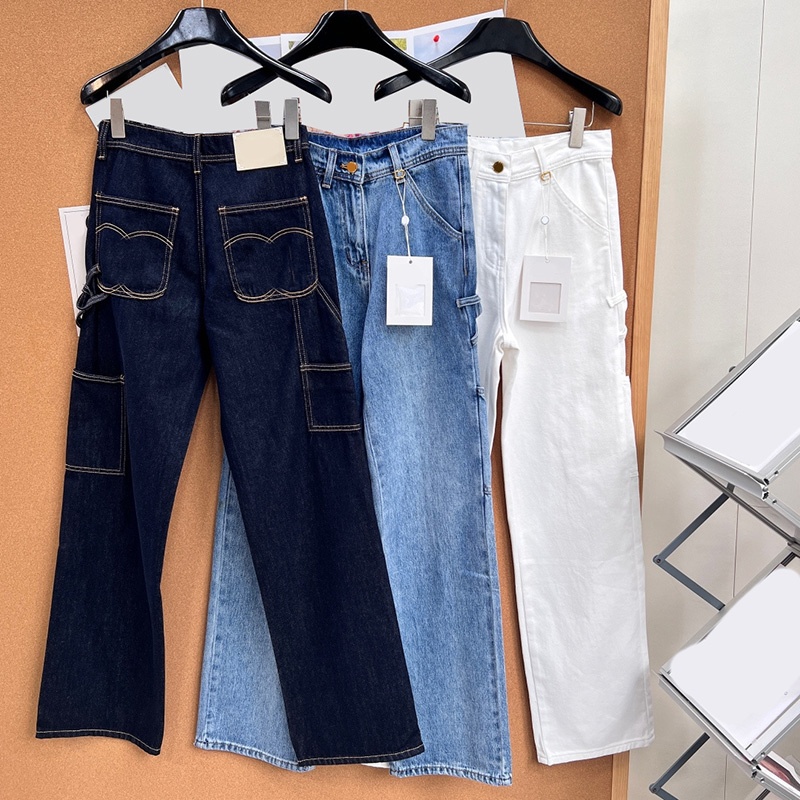 Vintage Denim Pants For Women High Waist Multi Cargo Pocket Wide Leg Jeans Autumn Casual Street Daily Jean Trousers