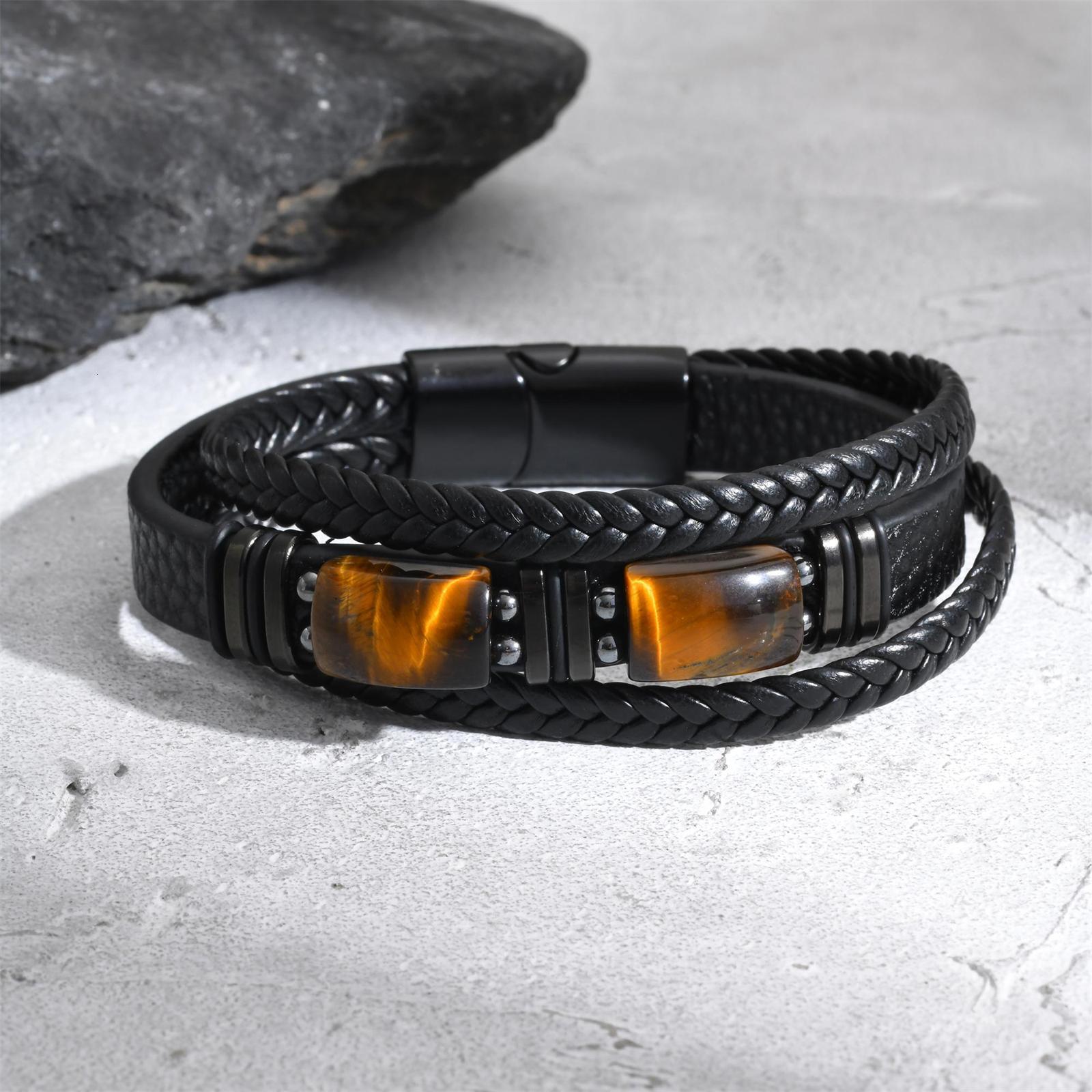 Pulsera De Cadena Pulsera De Cuero Grueso Para Hombres Niños Dos Grandes Ojo De Tigre Pulseras De Piedra Marrón Natural Rock Punk Joyería Causal Cab