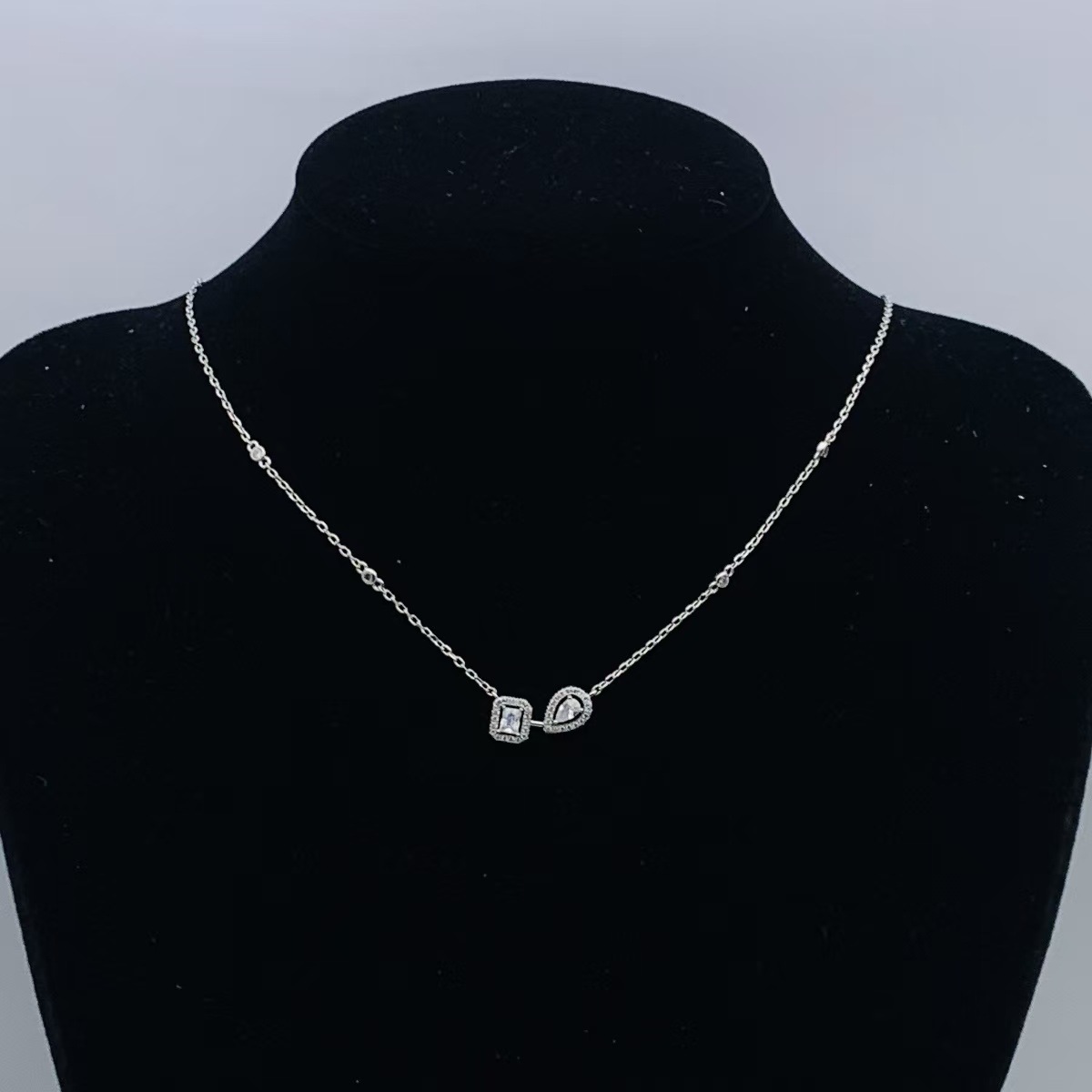 Square Drop Baguette Pear Cut Halo CZ Pendant Necklace Women Side by Side Two Stone Delicate Chain Silver Tone Fashion Luxury Ice Cube Clavicle Neck