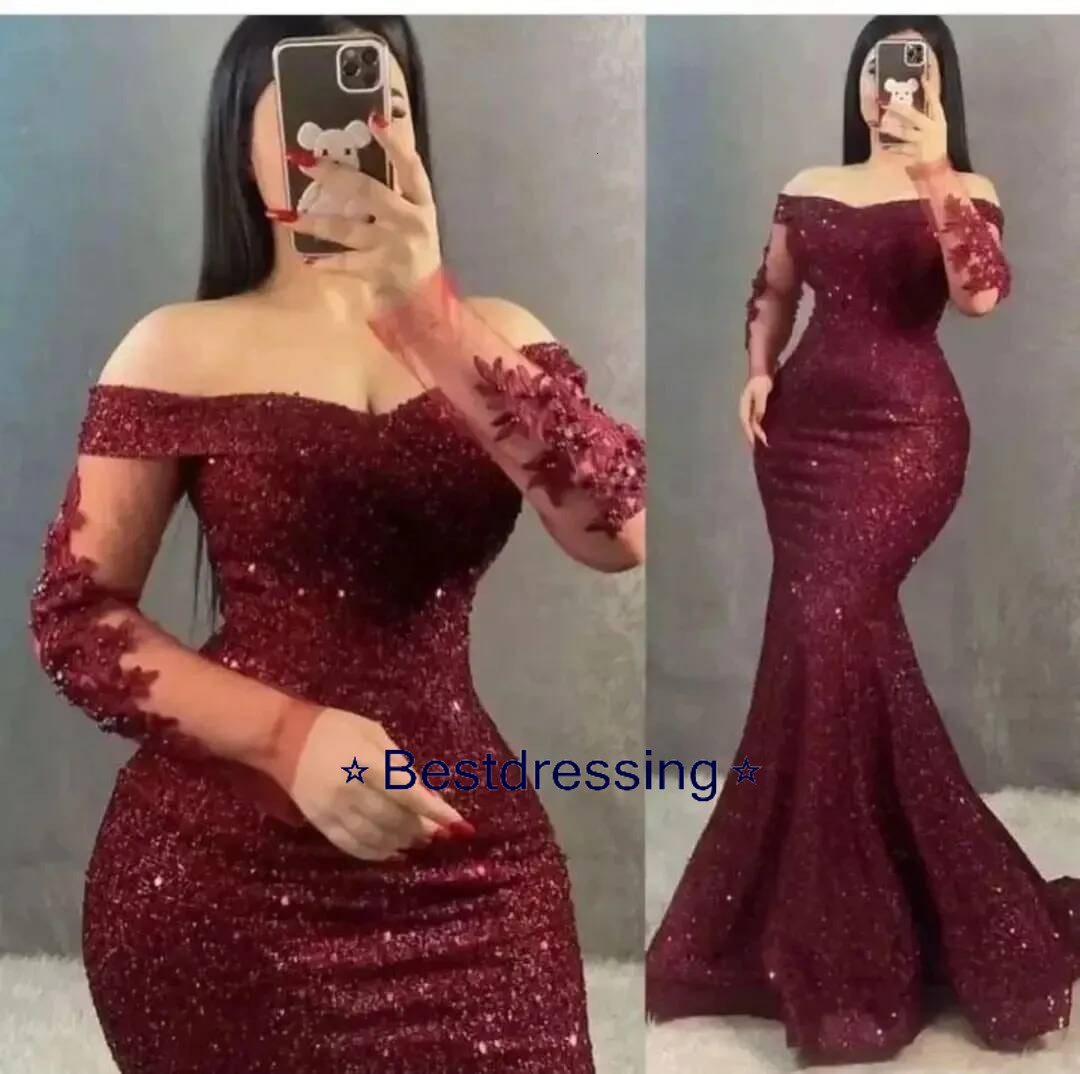 Glitter Burgundy Mermaid Evening Dresses Off The Shoulder Long Sleeves Beaded Lace Sequined Party Gowns Women Formal Prom Dress Plus Size Bd810