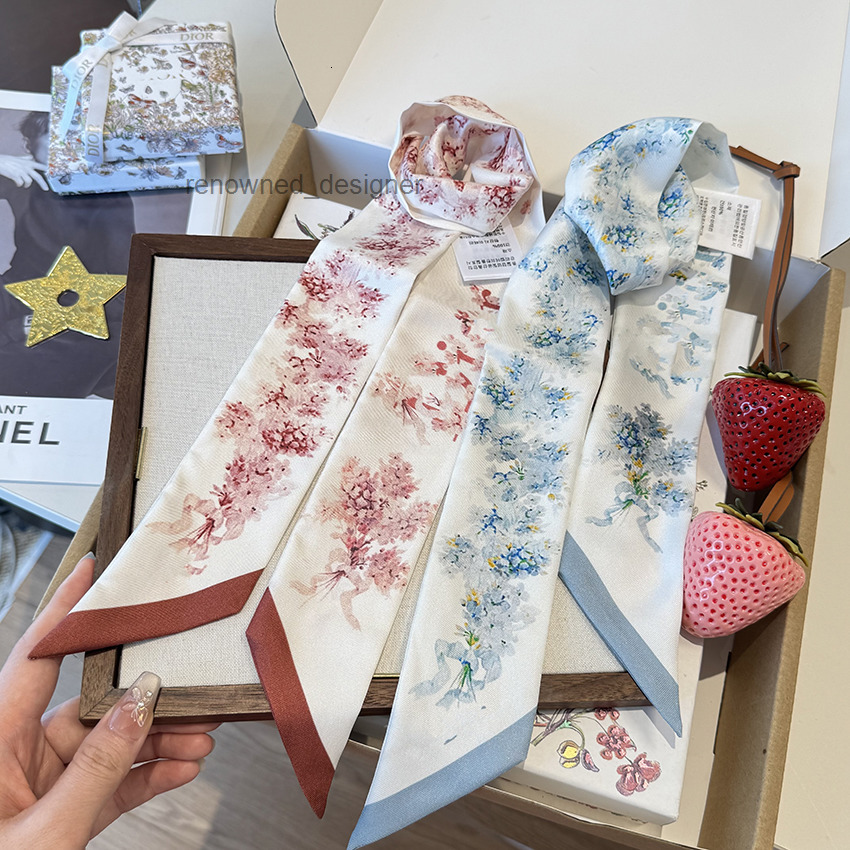 26ss 60*100cm designer silk band New floral latest double layer hair women's decoration multi functional ribbon tie bag small neck and scarf