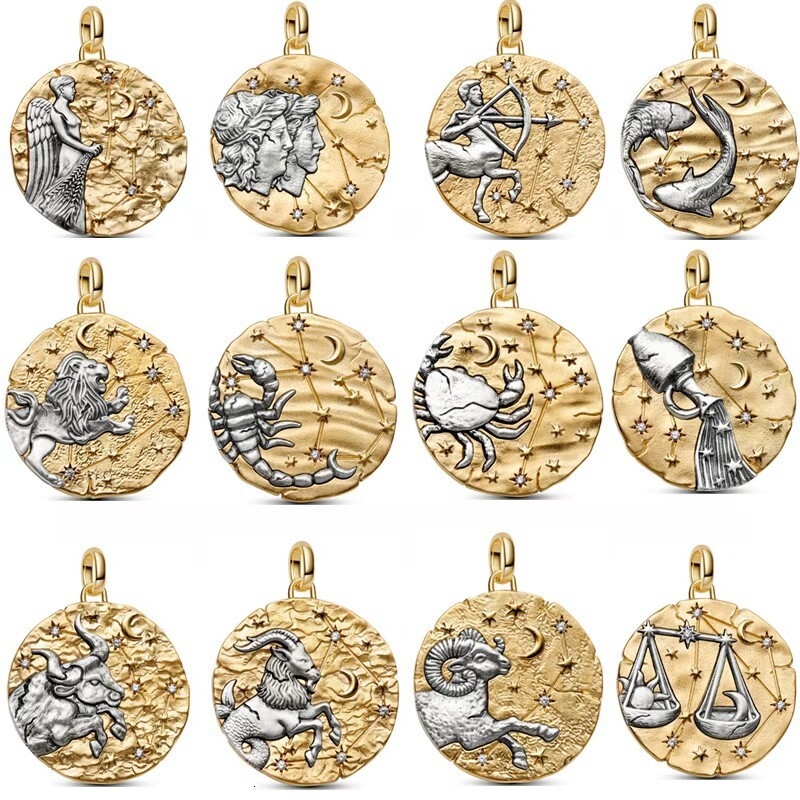 2026 New 925 Sterling silver 12 Zodiac Two-tone Embossed Round Pendant ME Series Fashion Charms For DIY Bracelet Light Luxury Jewelry Accessories