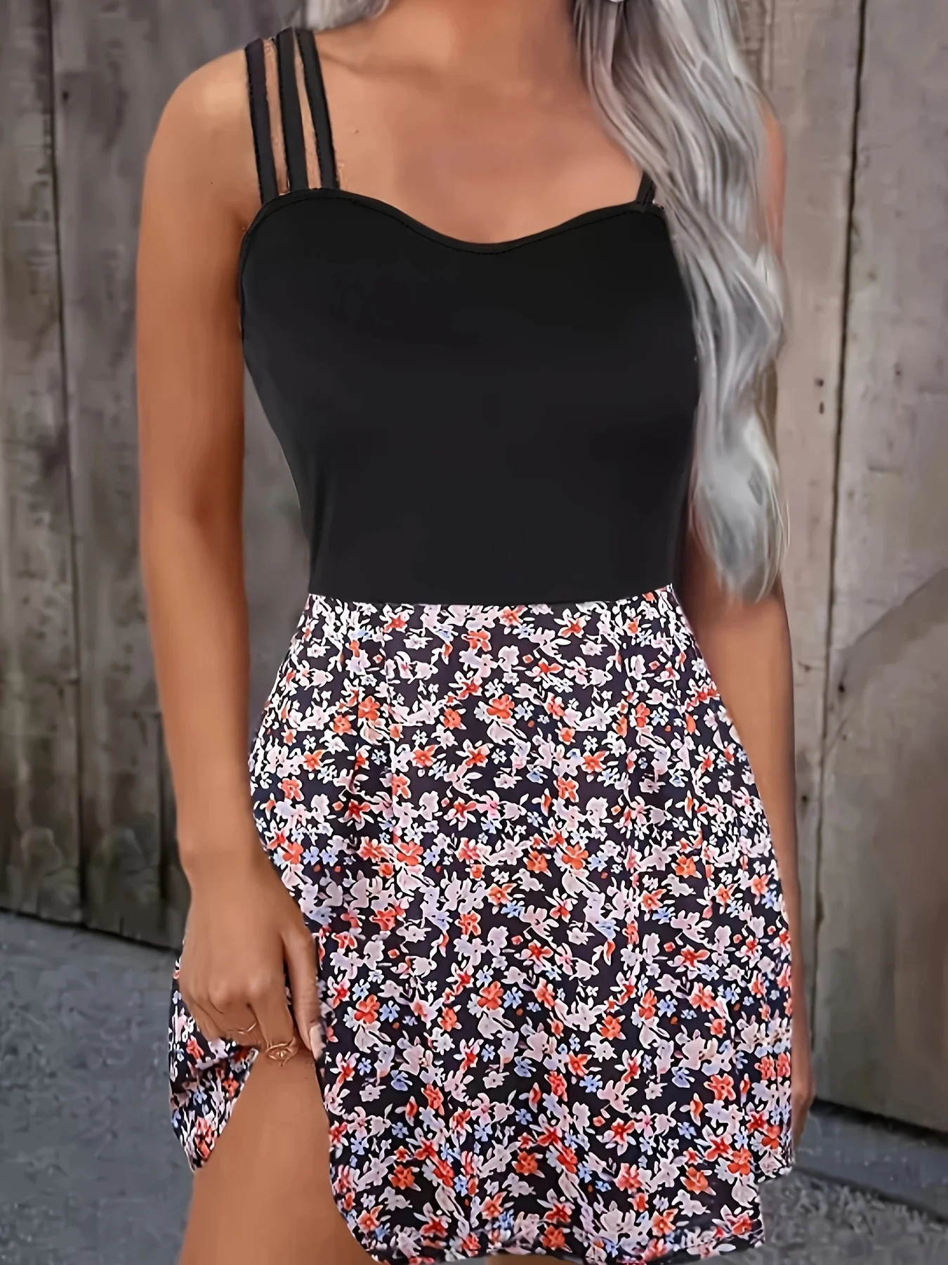 Womens Elegant Summer Floral Print Patchwork Solid Color Camisole Dress 260730