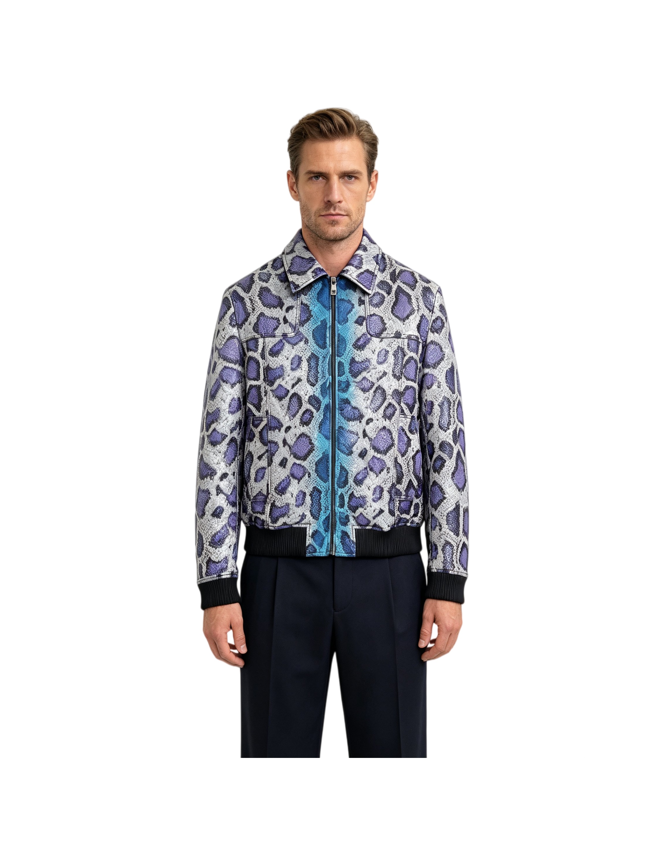 2026 Fall Mens Jacket Top Designer Men Snake Print Leather Jacket Gradient Python Pattern Lapel Zip Up Rib Hem Short Outerwear With Pockets For Stre