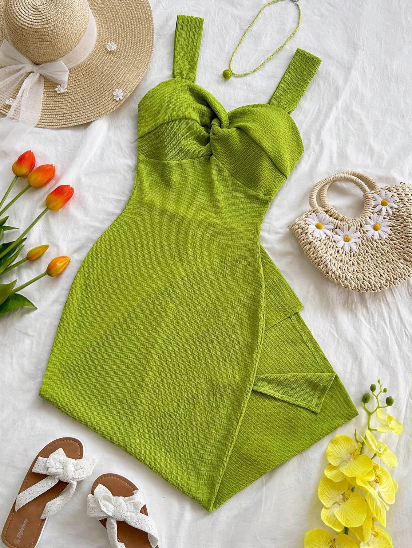 Elegant Long Dress for Women Thick Strap Maxi with Front Twist Ruched Back Slit Hem 260730 39