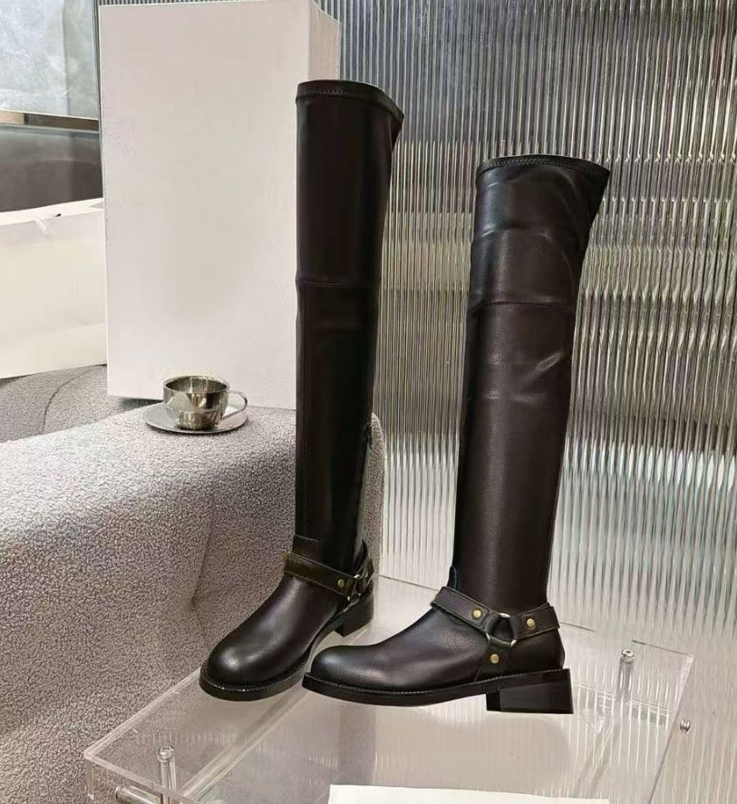 Leather women's flat bottomed long boots fashionable over knee elastic zipper riding boots fashion party motorcycle shoes 35-41