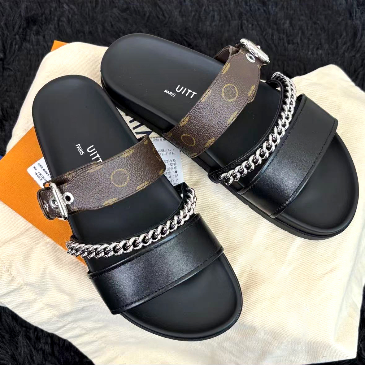 Iv VIBE Comfort Mule Shoes womens sandal Monogram canvas straps pool slipper flower Designer sandale luxurys Cuban chain slide Vacation Home Summer