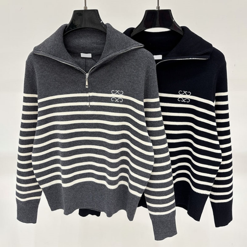 Designer Women Knitted Pullover Retro Stripe Half Zip Lapel Knit Sweater Casual Autumn Daily Commute Knits Jumper