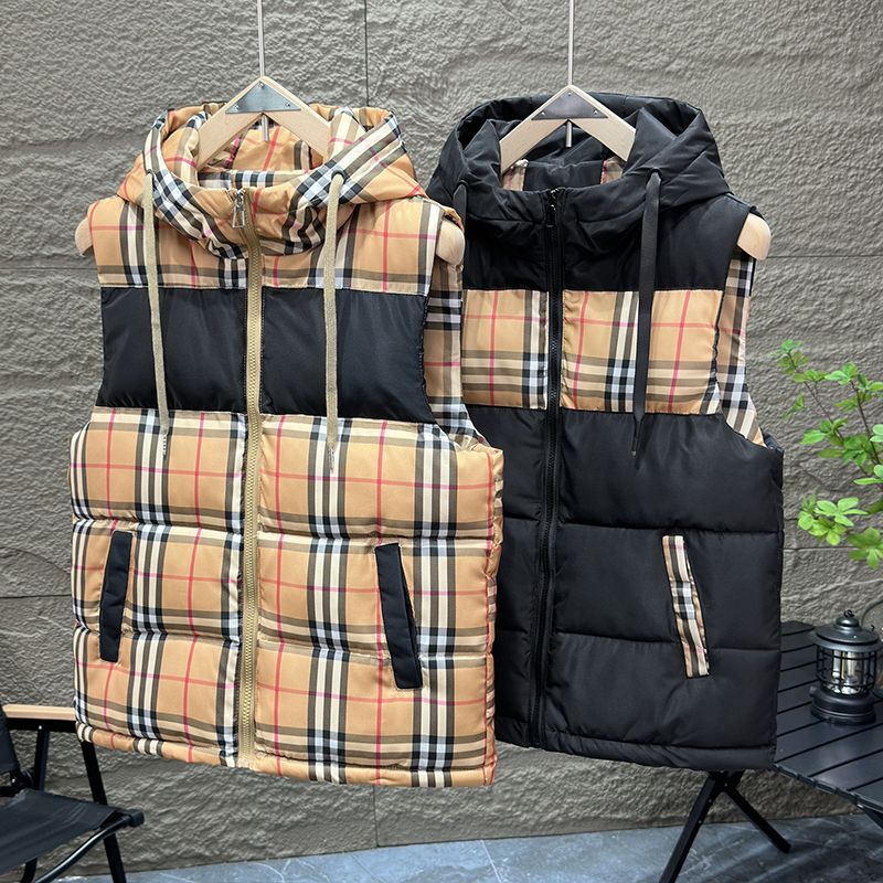Down Cotton Autumn Winter New Trendy Brand Plaid Hooded Casual Outerwear Fashionable Vest Jacket