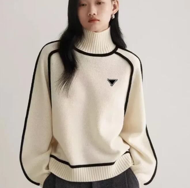 Pull de luxe pour femmes, pull de styliste, décontracté, tricot, couleur contrastée, manches longues, mode classique, col pour dames, haut en cot