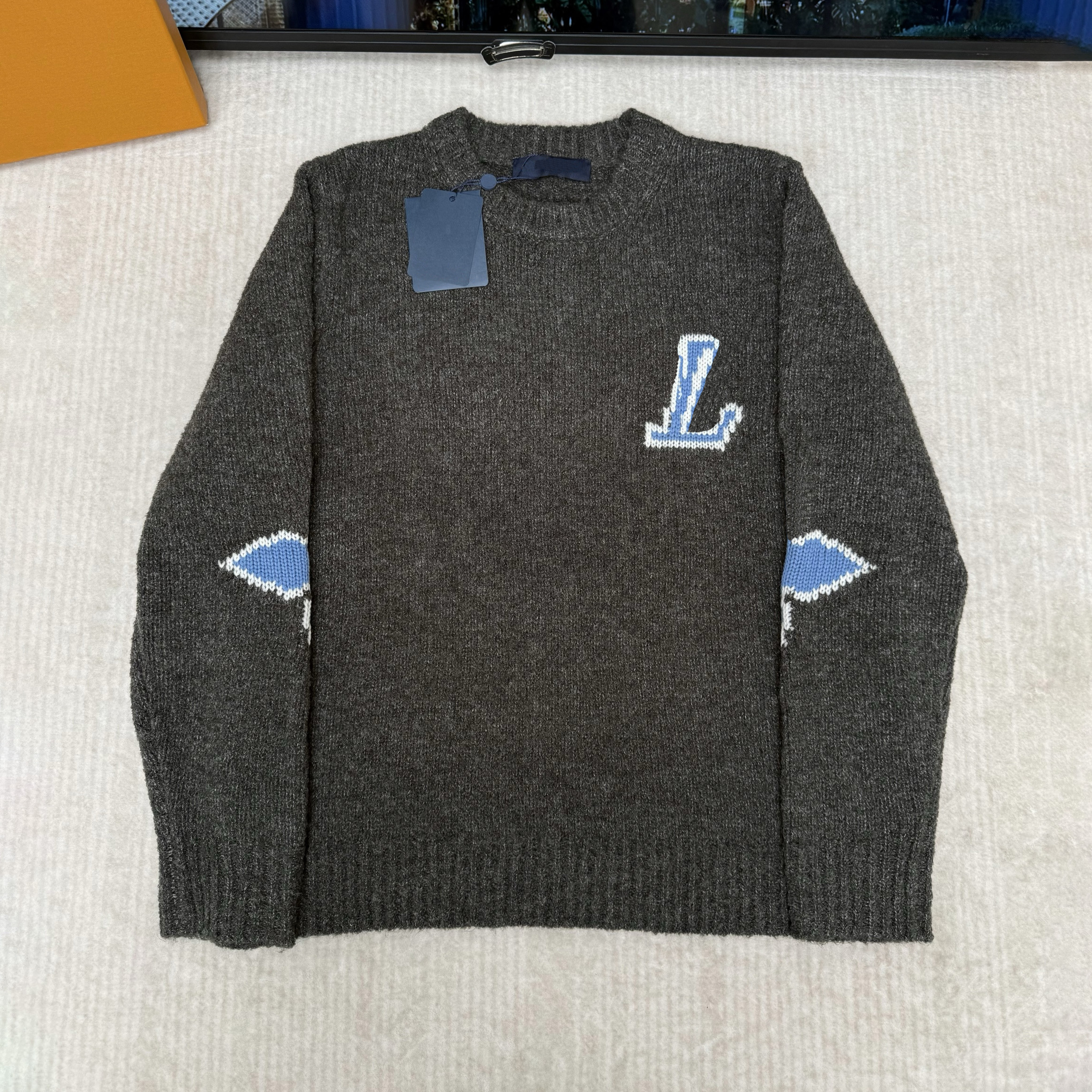 Designer brand high-quality men's wool blend crew neck sweater, blue with letter jacquard star pattern pullover, casual loose knit sweater, str