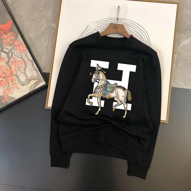 Designer luxe sweatshirt met capuchon voor heren, sportief en casual, met paardenprint in H-vormig patroon.Gemaakt van extra grote katoenen stof.Hoo