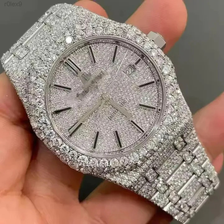 VVS1 Moissanite Iced Out Watch Pass Diamond Tester GRA Certified 41mm Automatic Octagonal Bezel Full Bust Down 904L Steel Hip Hop Watch With Box Fre