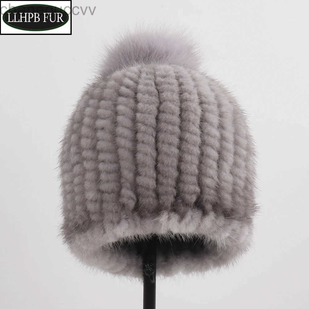 Knitted Women Real Winter Mink Fur Bomber Hat Natural Warm Mink Fur Caps With Fox Fur Pompoms Lady Real Mink Fur Hats 250120BJ
