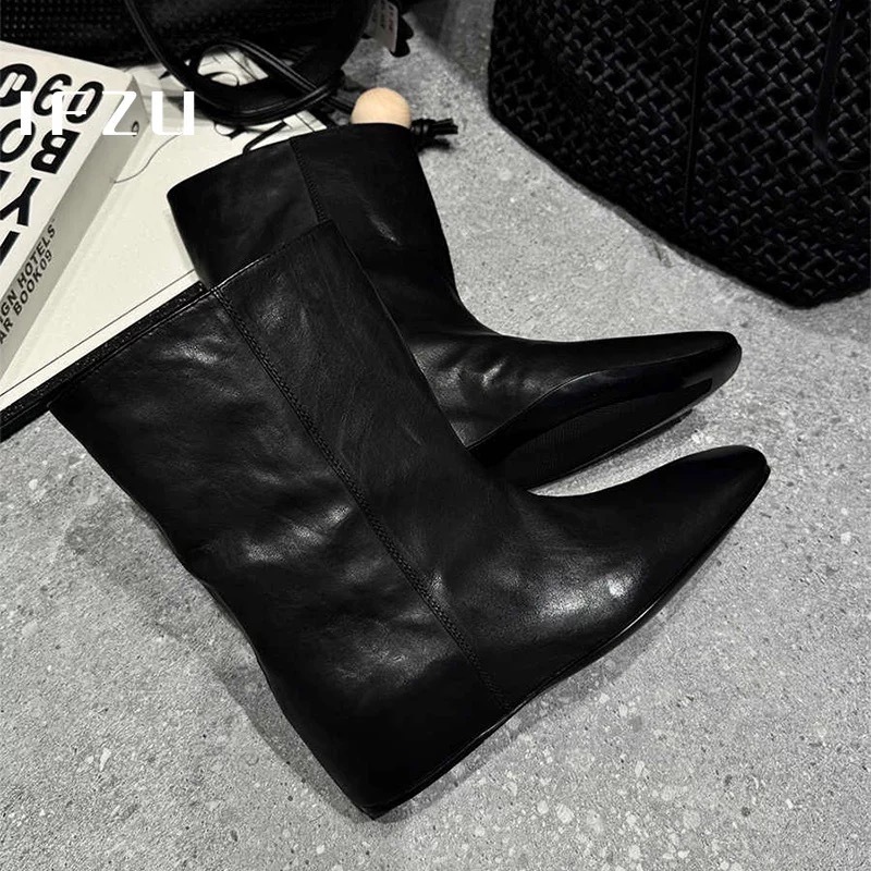 Leather versionUnique squaretoed hiddenheel slipon short boots for women autumn and winter midcalf Chelsea Martin 250904