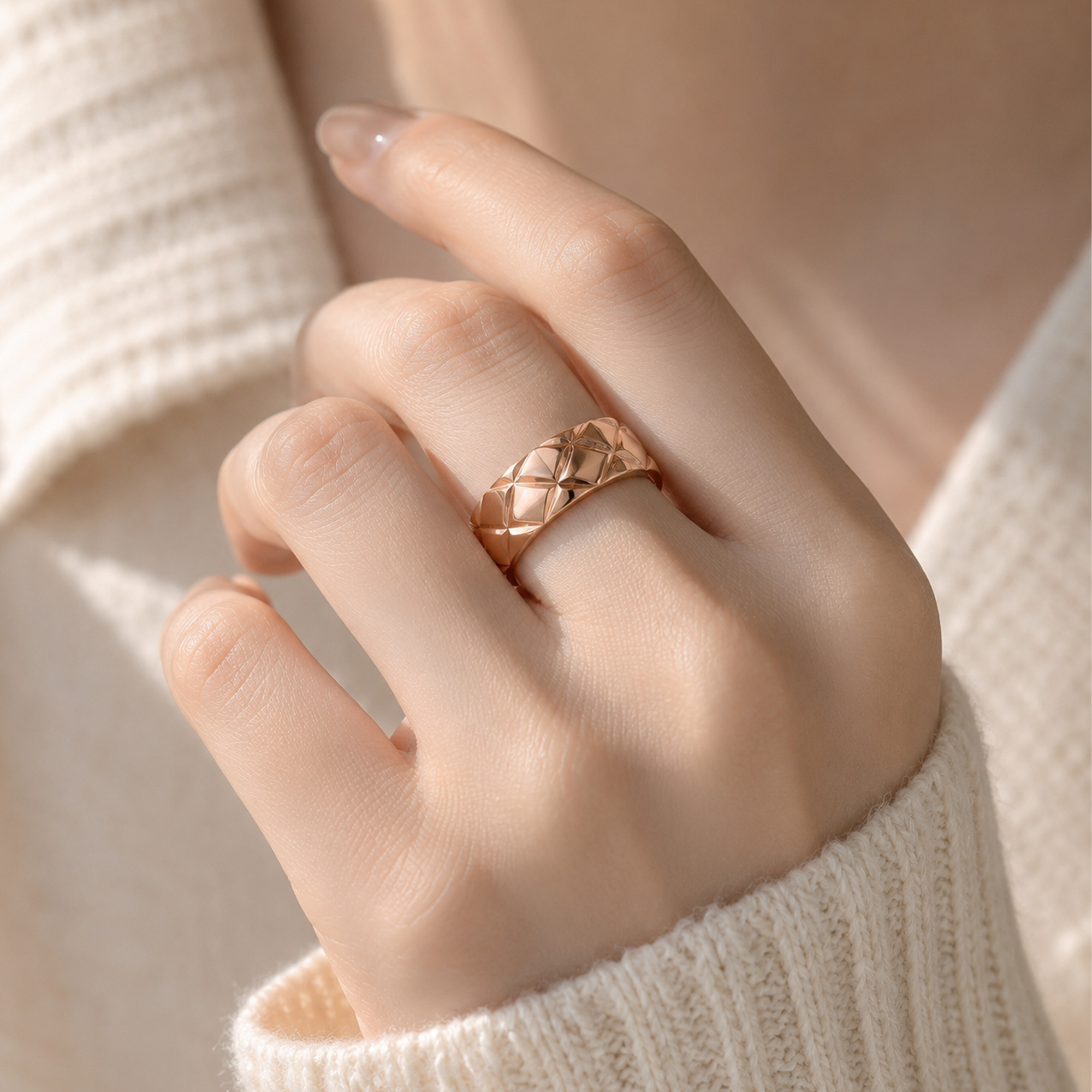 Rose Gold Tone Stainless Steel Geometric Faceted Wide Band Ring US Sizes 6 7 8 Wholesale