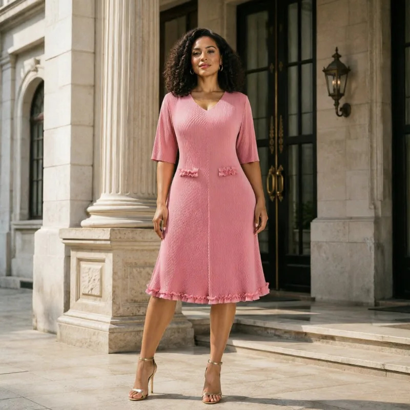Miyake Pleated Dresses 2026 Elegant VNeck Fashion Plus Size Elastic European Womens Ball Gown KneeLength Dress 260730 7a