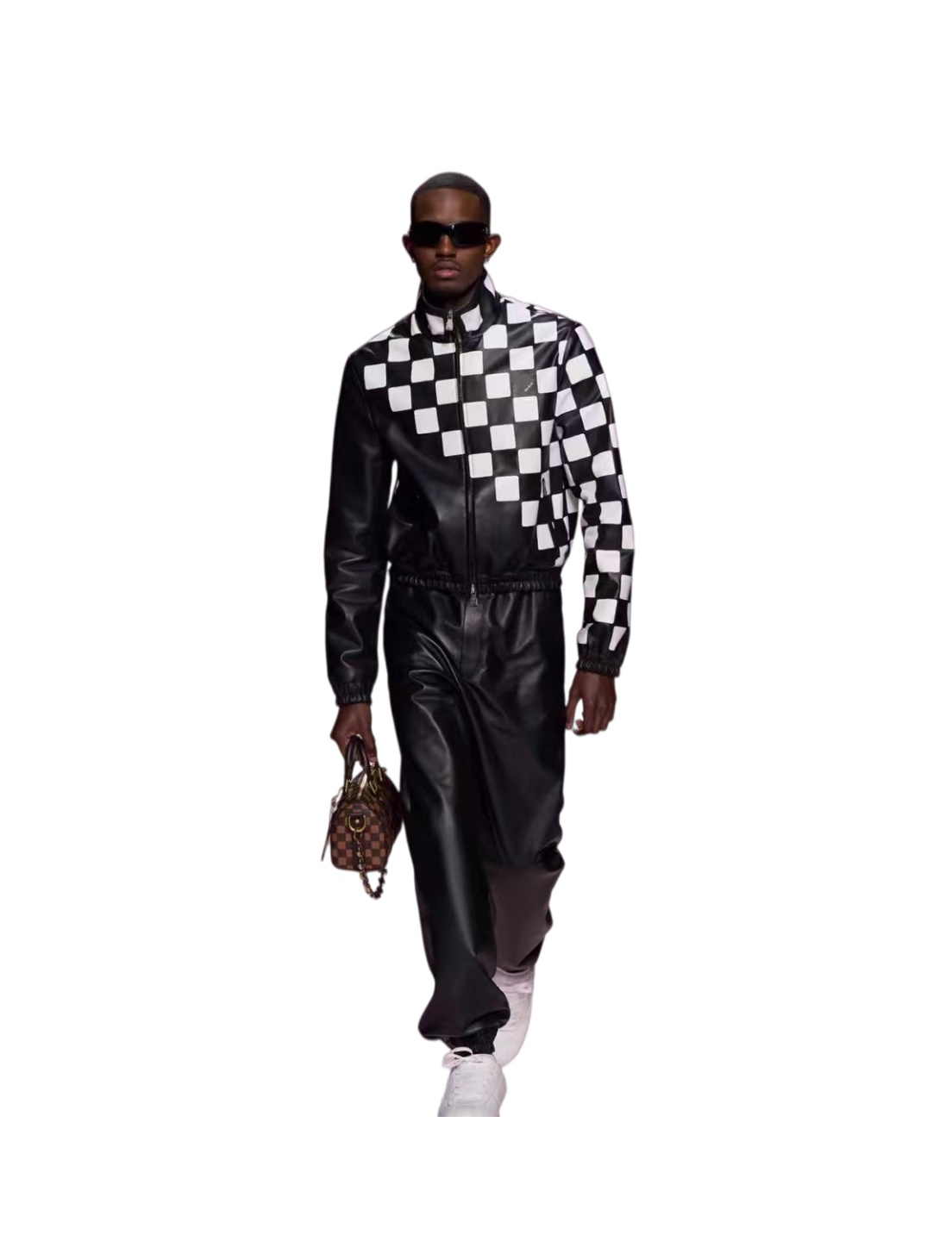2026 Fall Mens Jacket Top Designer Men Checkerboard Leather Jacket Black White Gradient Plaid Stand Collar Zip Up Rib Cuff Hem Street Bomber Outerwe