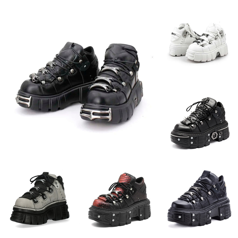Top version AAAAA+ New Rock Full Tank Series Black Leather Tank Platform Ankle Boots Unisex Gothic Punk Metal Rivet Buckle Motorcycle Shoes