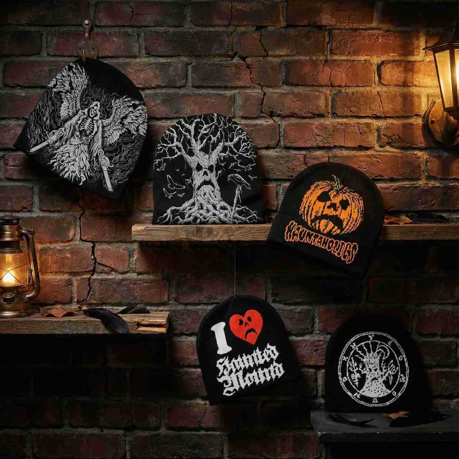 Dark Gothic Knitted Beanie Haunted Mound Skull Tree Pattern Winter Hat Unisex Punk Y2K Streetwear Black Warm Cap Halloween Gift 260602