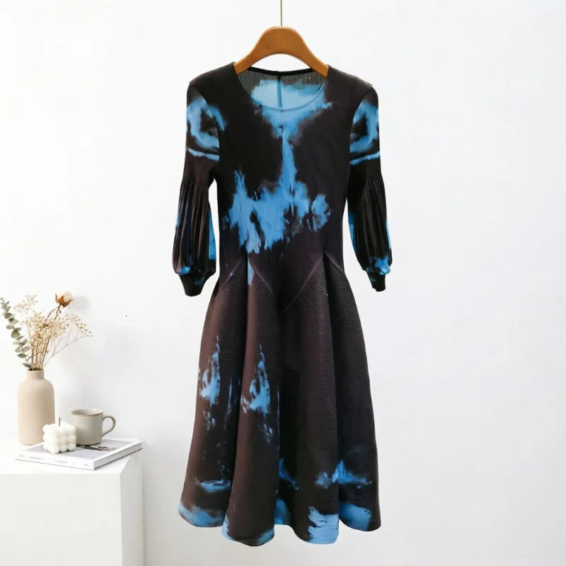 Miyake Pleated Dresses 2026 Autumn Gentle French Print Elegant Stretch Plus Size Womens Long Sleeve Bounce Flower Bud Dress 260730 58