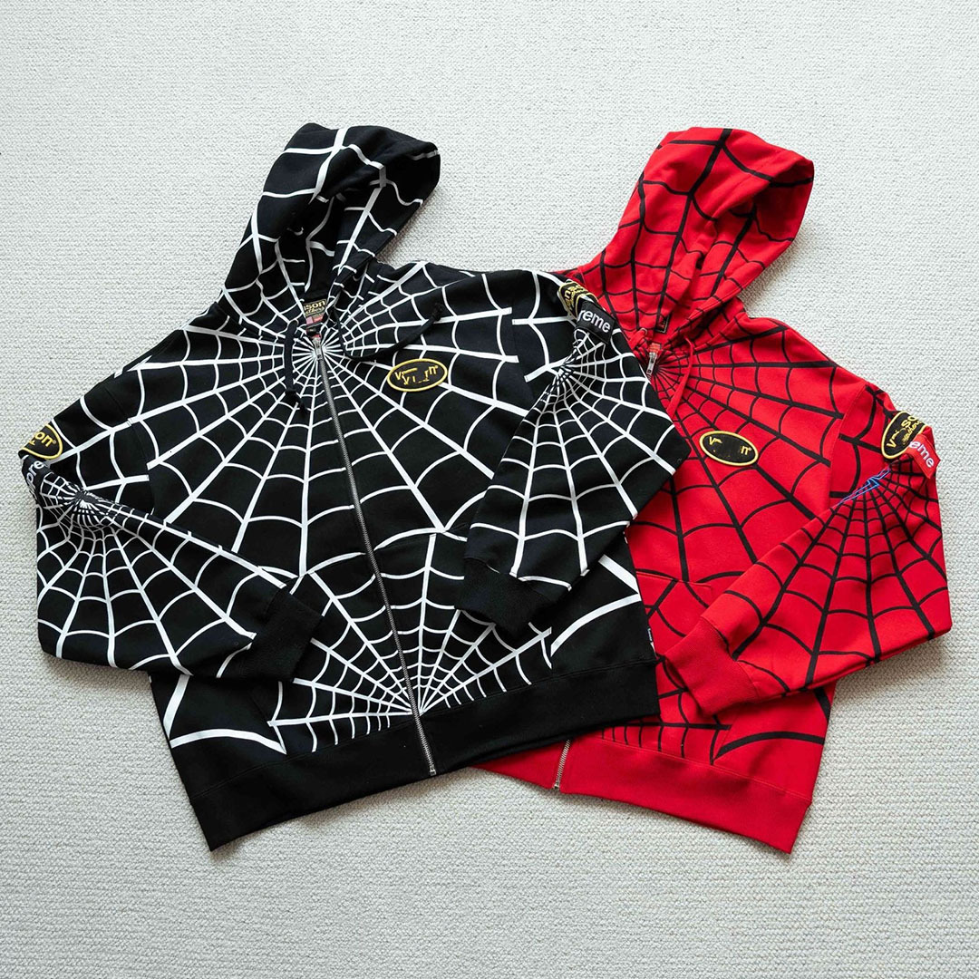 Designer Zip up Hoodie Men Red Spider Web Pattern Vintage Hip Hop Casual Loose High Quality Cotton Hooded Sweatshirt