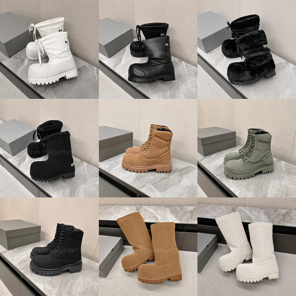 Designer Alaska Fur Boots Combat Strike Tractor Stomper High Bootie Winter Snow Rain Fall Fluffy Furry Calfskin Low Thick Rubber Sole Women Men Clas