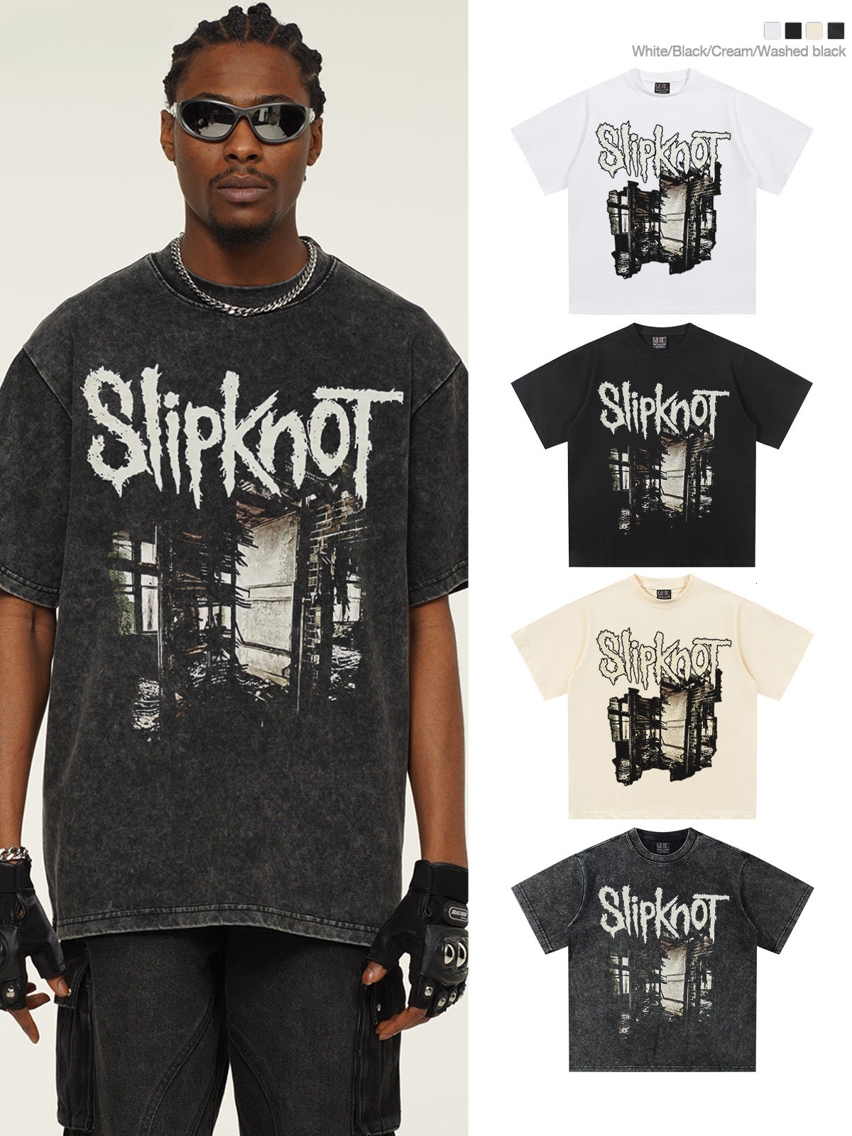 2026 washed T-Shirt Spring/Summer New Slipknot Band Washed Vintage Heavyweight Pure Cotton Short Sleeve T-Shirt with Small European and American Sty