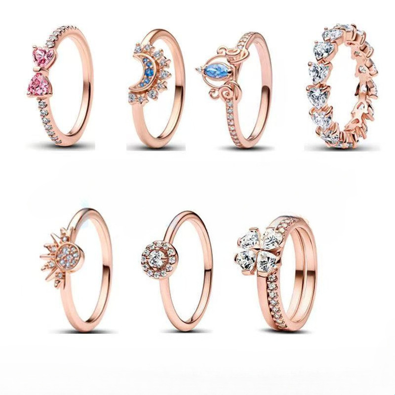Rose Gold Plated Stackable Finger Ring Women Heart Moon Star Four Leaf Clover Leaf Cubic Zirconia Thin Band Rings Fashion Wedding Party Jewelry
