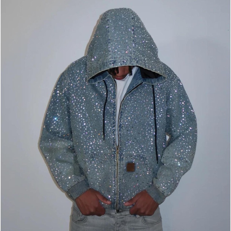 2026 New Y2k Streetwear Rhinestone Decorated Denim Hooded Jacket Men European American Fashion High Street Men's Loose Hoodie J260811