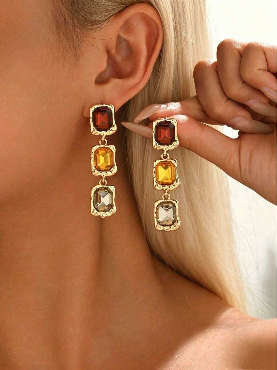 1 Pair Luxury Colorful Square Rhinestone Patchwork Drop Earrings Elegant Versatile Jewelry For Women Suitable For Parties Fashion Evening Events Dai