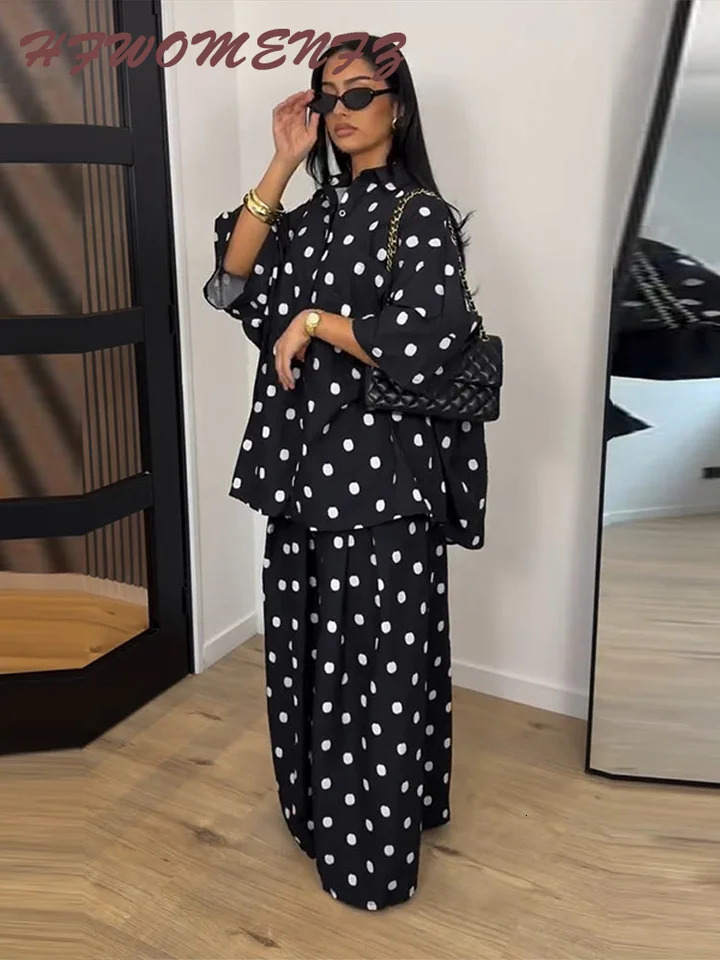 2026 Autumn Summer Polka Dot Shirt Pants Womens Set Elegant Lapel Three Quarter Top Wide Leg Trousers Vacation Lady Outfit Suit 260810