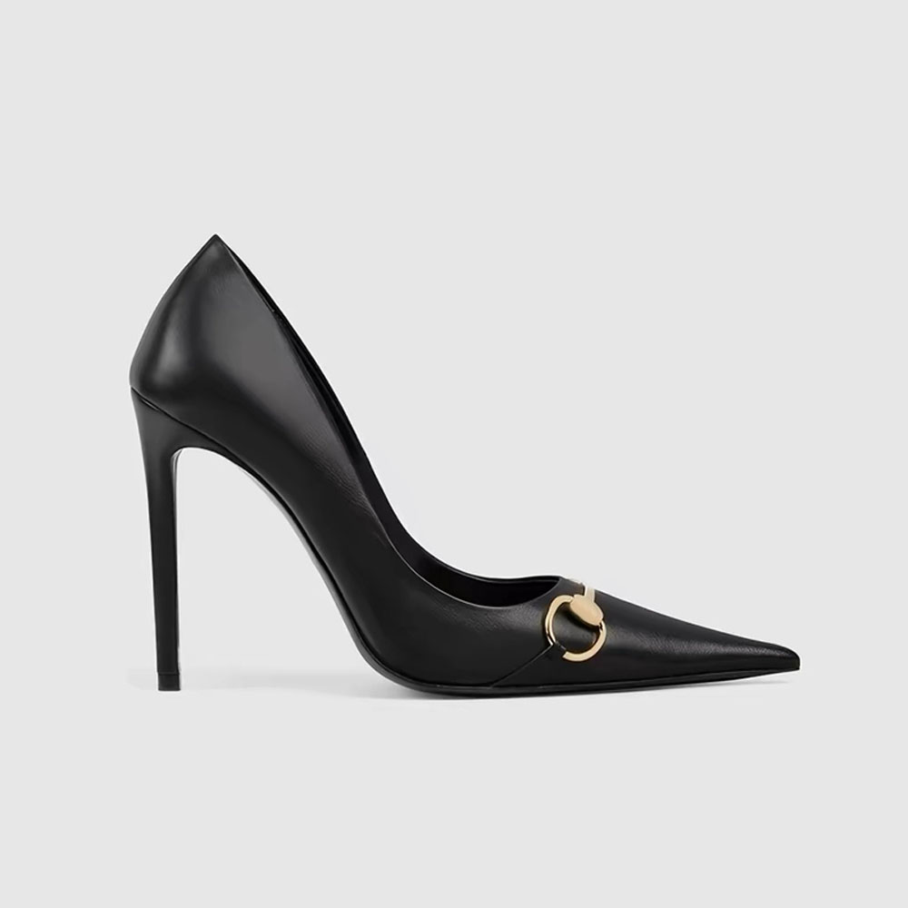 Cuir noir bout pointu pompes à talons hauts boucle décor talons aiguilles femmes élégantes bureau fête fronde chaussures habillées talon de 10,5