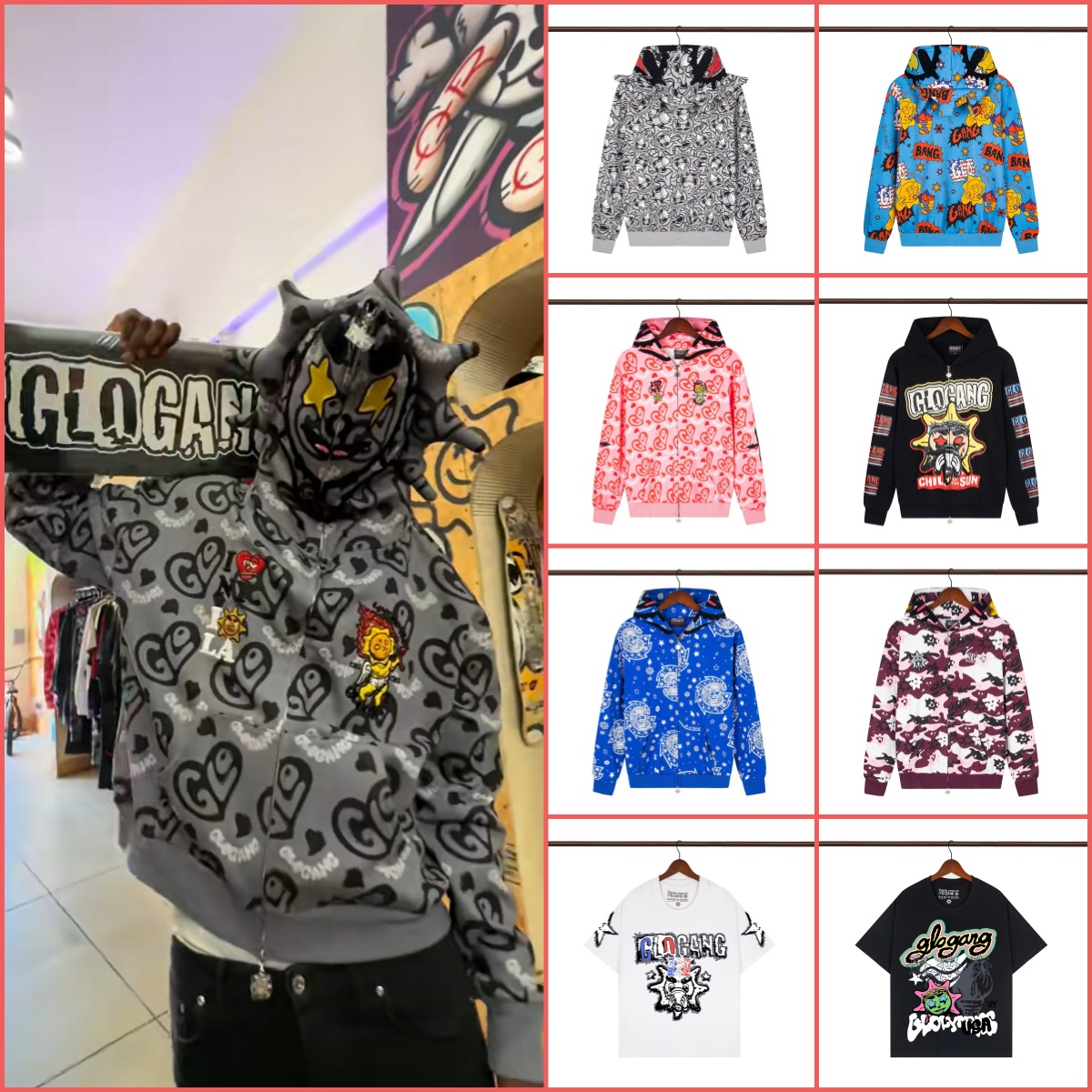 Fast Glo Gangs The Glory Unisex Full Zip Hoodie, Y2K High Street 3D Printed Skull Drink Cartoon Long Sleeve Sweatshirt