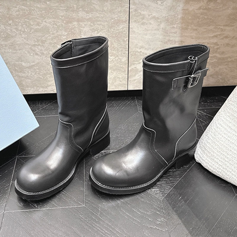 Ladies Leather Mid Calf Boots Designer Ladies Half Boots Upper With logo Enhanced Metal Buckle Full Leather upper New Designer Work Boots Boot leg 2