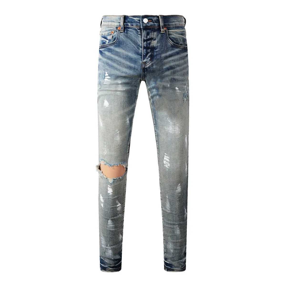 American High Street Fashion Men's Distressed Light Blue Damaged Holes Graffiti Stretch Skinny Button Fly Ripped Jeans Men Pants S260921RN38