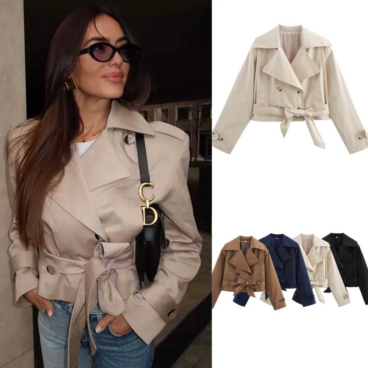 ETJ 2025 new women's British wind trench coat style double-breasted long sleeve belt lapel jacket short coat Z260812