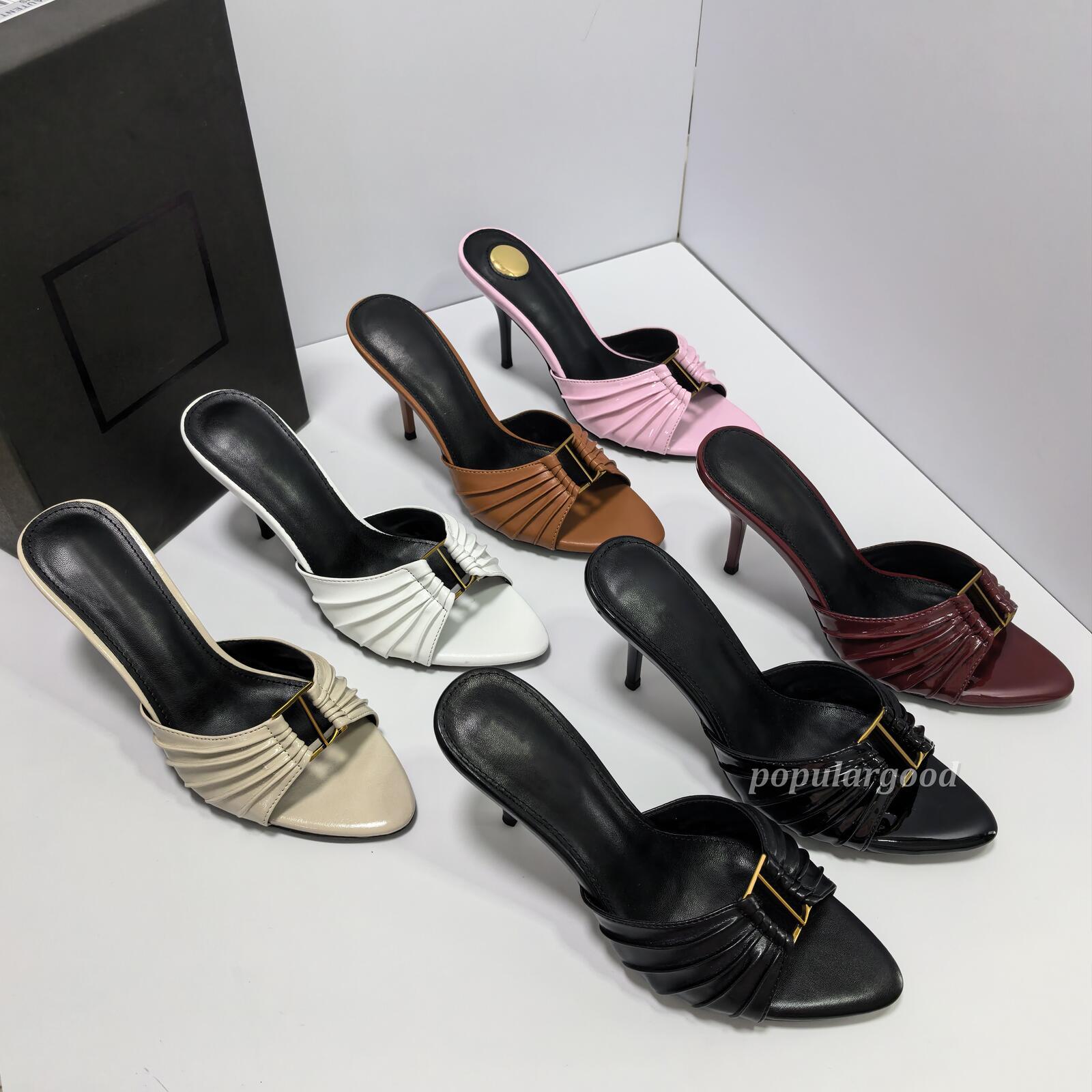 Designers Womens Black High Heel Mules Babylone Ruched Leather Open Toe Stiletto Opyum Sandals Elegant Slip-on Backless Pumps for Party Wedding Offi