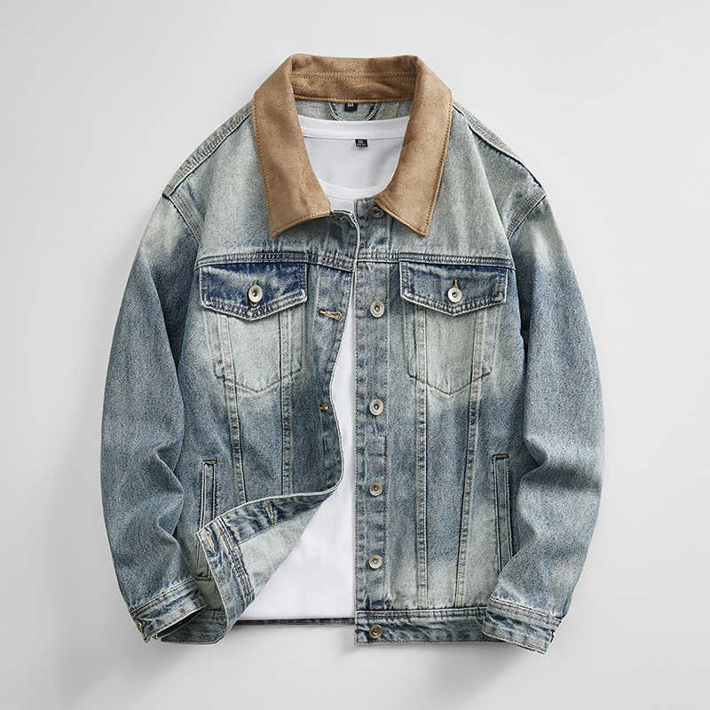 Style American Men 's Vintage Washed Denim Jacket Autumn Color Block Patchwork Turn-down Collar Cargo Jacket with Multi Pocket D260812