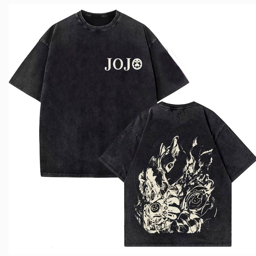 Vintage Washed TShirt Men JoJo Bizarre Adventure Gyro Zeppeli Streetwear T-shirt Anime Print Cotton Casual Short Sleeve Tshirt 26L0812