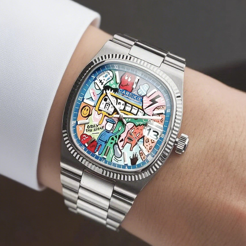 Trendy Hip Hop Men Quartz Wristwatch Vivid Graffiti Art Dial Cushion Silver Steel Bracelet Date Function Daily Street Watch 2026