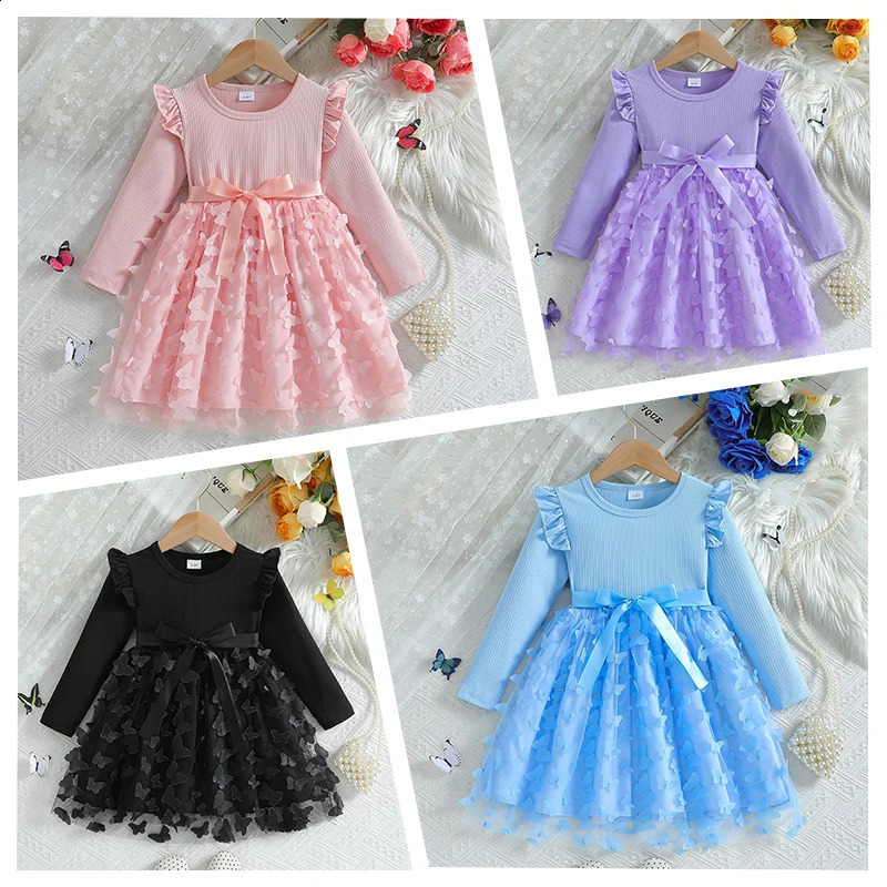 Custom Made Girls Dresses Girl Three Butterfly Sweet Mesh With Belt Long Sleeved Dress 260811