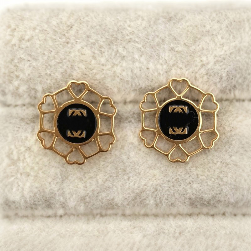 Women Hollow Heart Floral Stud Earrings 18K Gold Plated Black Enamel Inlay Stainless Steel Vintage Retro Geometric Fashion Jewelry Gift