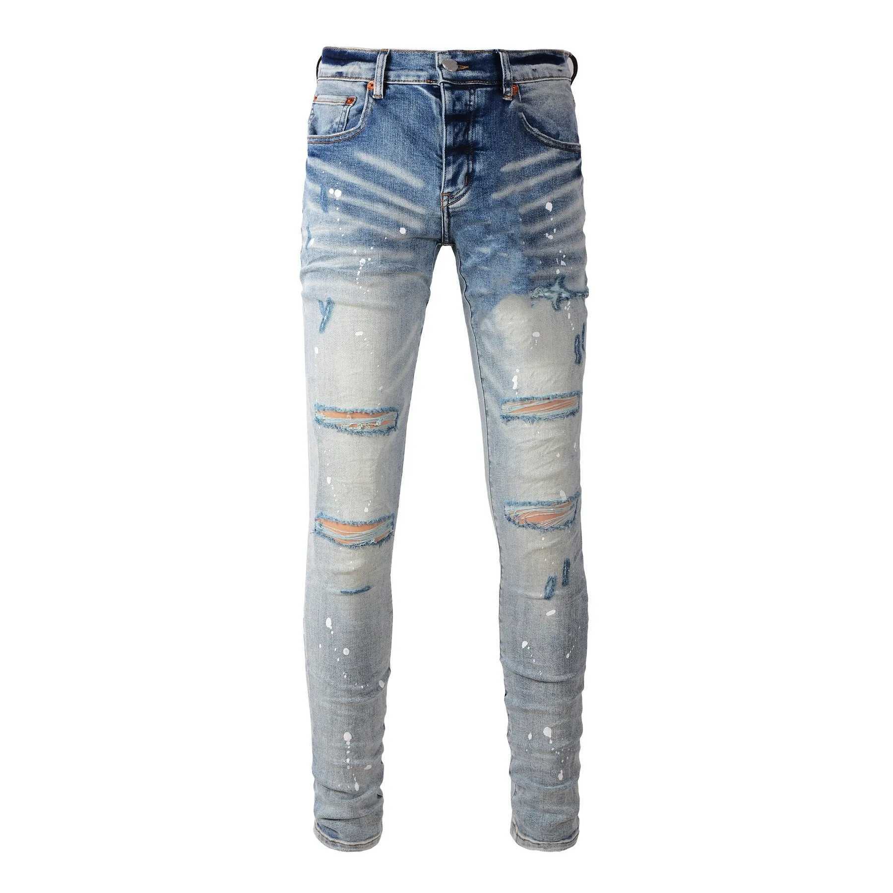Men's American High Street Distressed Washed Light Blue Skinny Destroyed Holes Spray Paint Ripped Button Fly Jeans Pants S260921QO0P