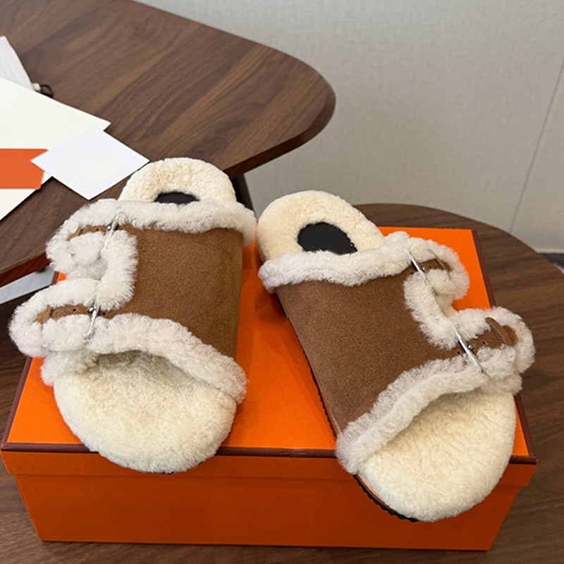 Luxury Womenfolk Designer Chypre Sandal Fluffy Soft Thickened Curly Lamb Wool Slippers Vintage Style Outdoors Walking Slippers